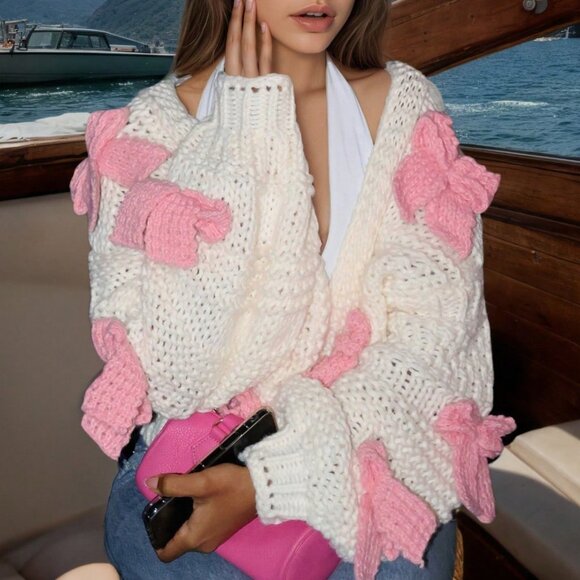 Shabby Chic Cute Women's bow detailed Soft Chunky Knit open front Cardigan - Picture 5 of 10